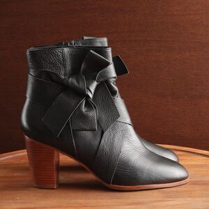 Kate Spade Ankle Boots Womens SZ 8.5M BLK Tracee Bow Side Zip Block Heel Leather